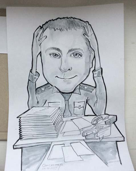 шарж на 23 февраля майора за столом от шаржиста Мишеля, Михаила Шабалина Минск корпоратив