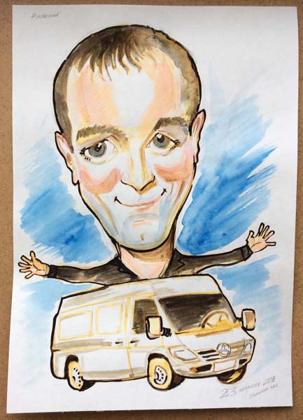 Водитель микроавтобуса в цветных карандашах шаржист Михаил Шабалин, шаржист Мишель 