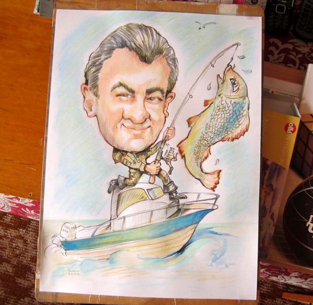 Рыбак цветными мелками шаржист Михаил Шабалин, шаржист Мишель 